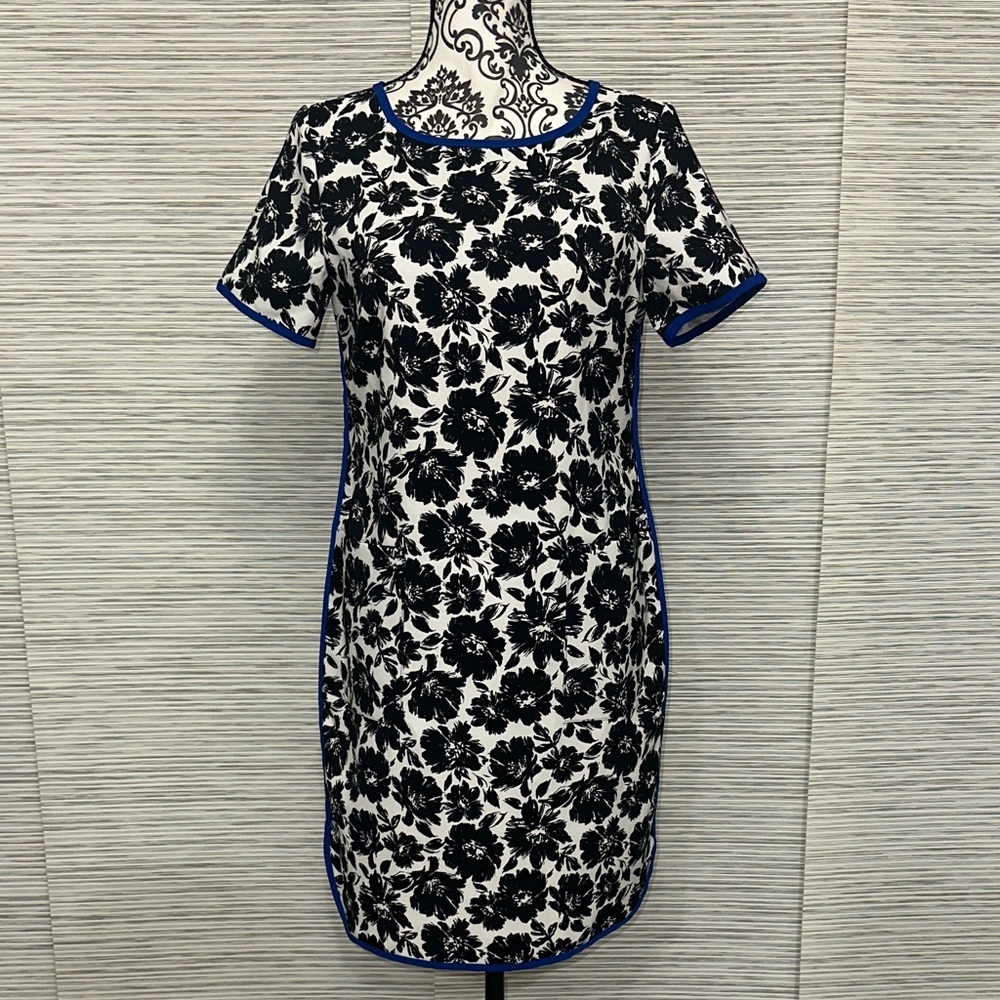 Gabby Skye Black and White Floral Midi Dress with Blue Trim Sz. 6